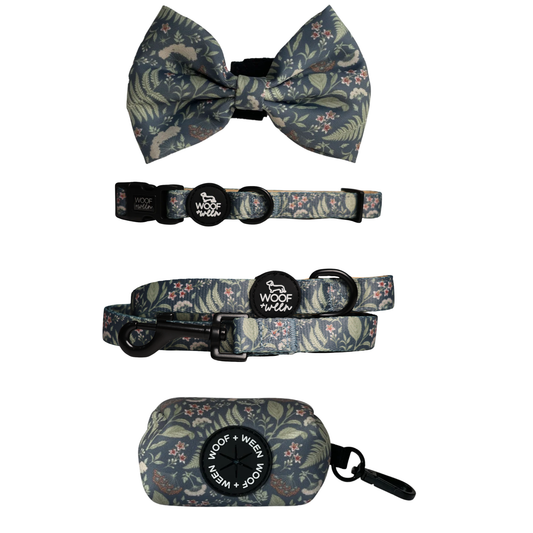 Blue botanical greenery dog collar, bow, leash and waste bag holder accessory bundle
