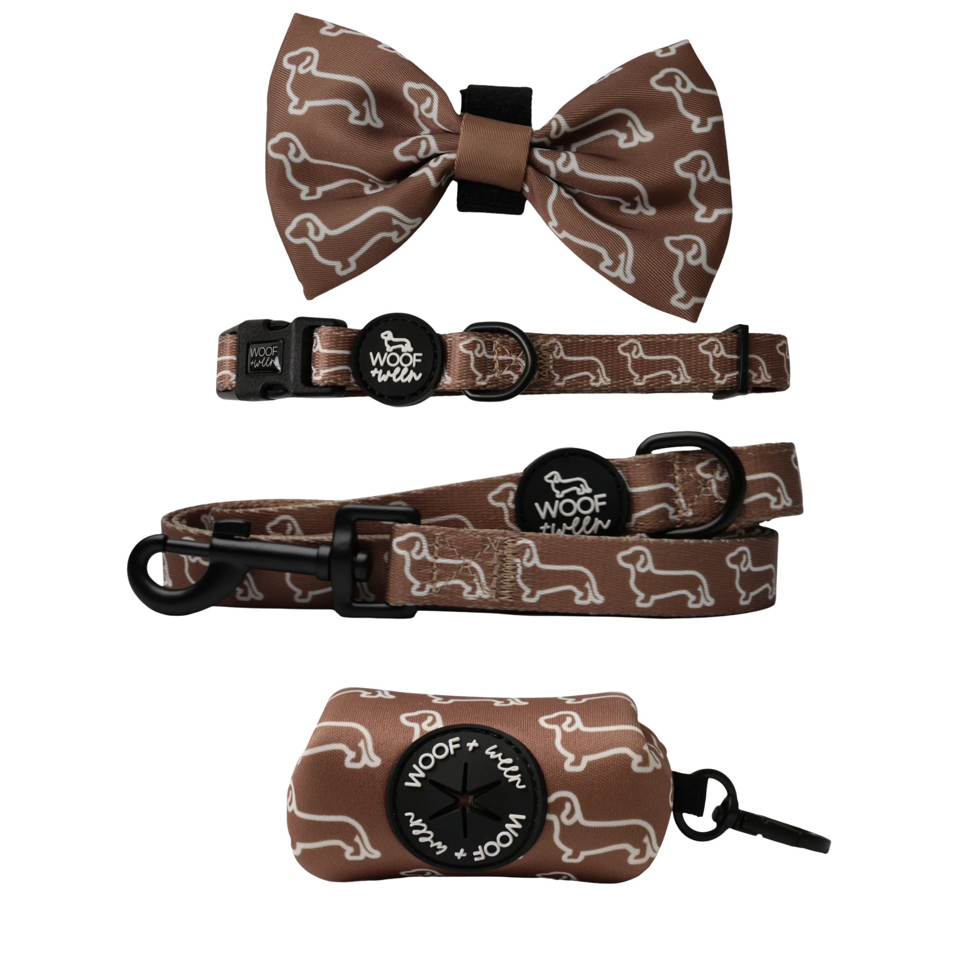 Camel dachshund print dog collar, bow, leash and waste bag holder accessory bundle for doxies
