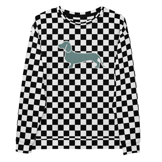 checkered woof and ween sweatshirt with teal dachshund print on the front