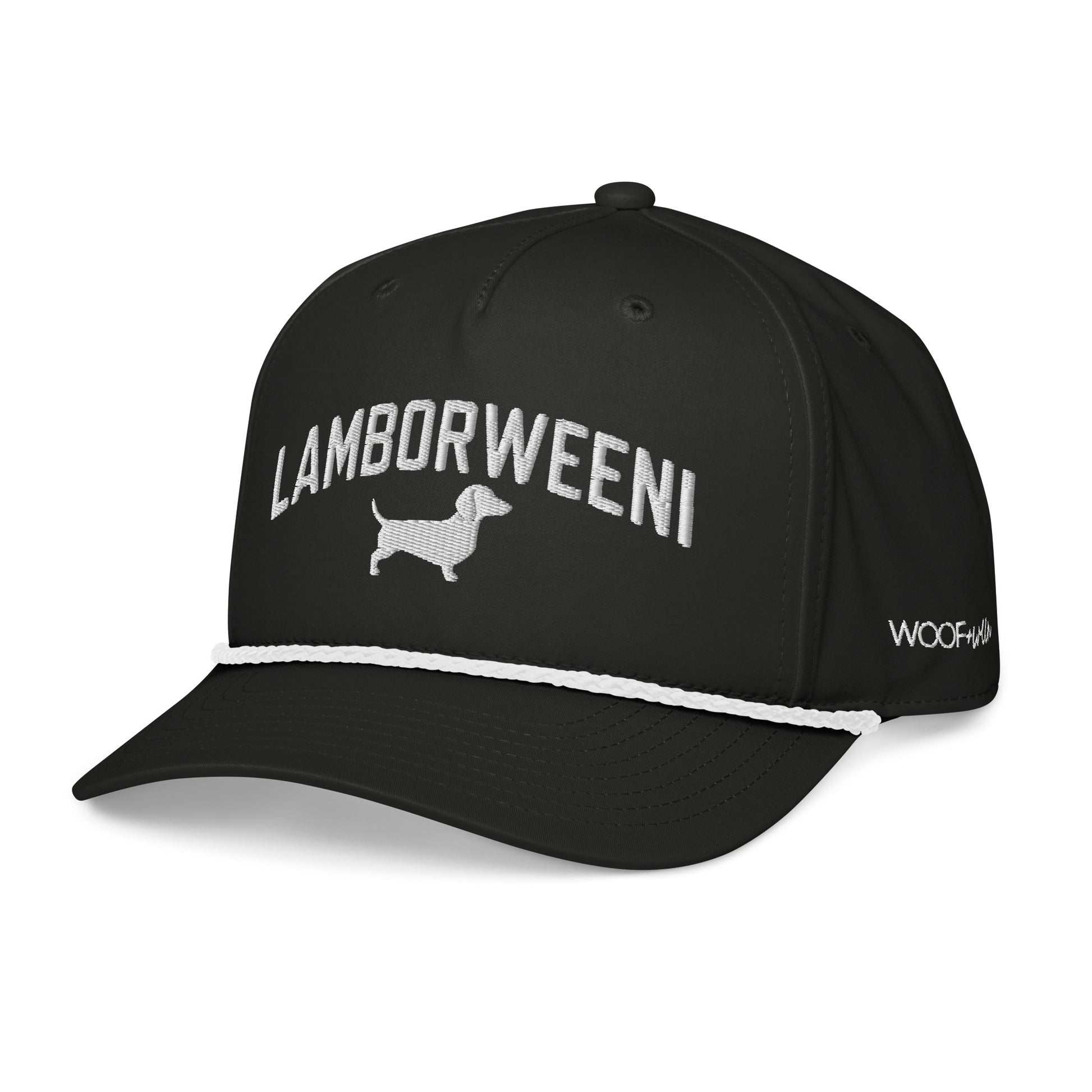 black embroidered rope hat dachshund wiener dog racing lamboweeni
