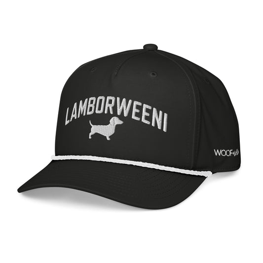 black embroidered rope hat dachshund wiener dog racing lamboweeni