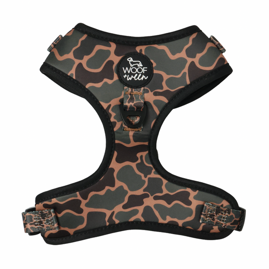 Dachshund wearing Black Duck Camo adjustable harness