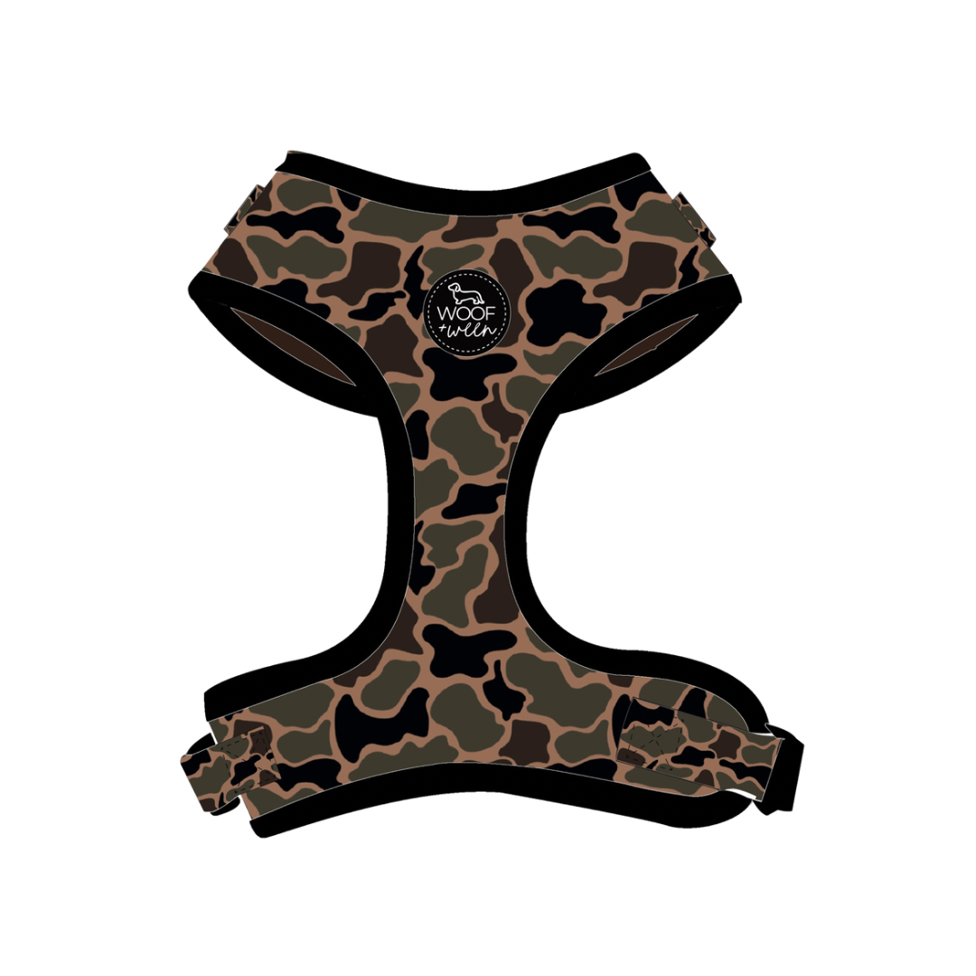 Dachshund wearing Black Duck Camo adjustable no pull harness