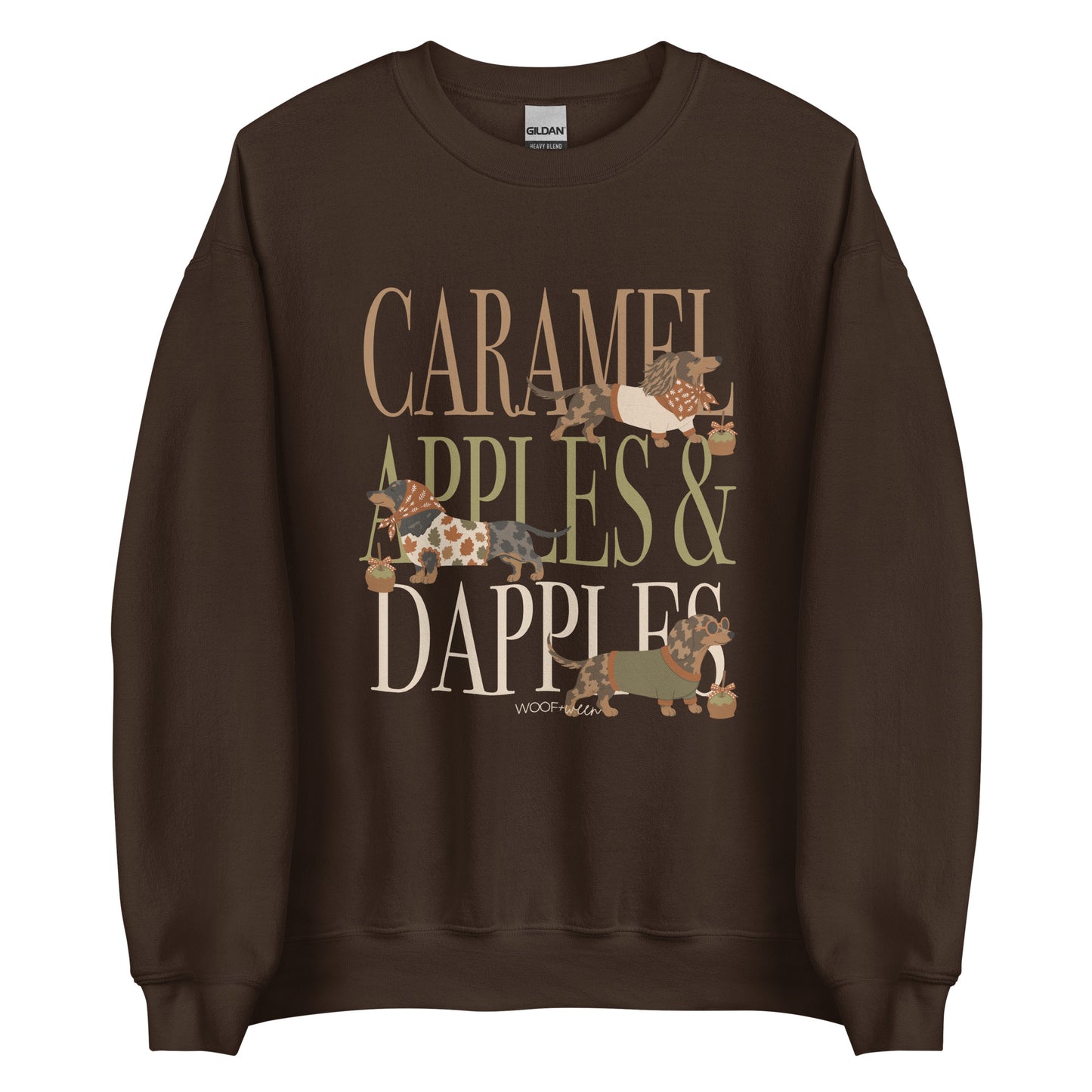 Dachshund Caramel Apples and Dapple Dachshunds crewneck sweatshirt in dark chocolate brown