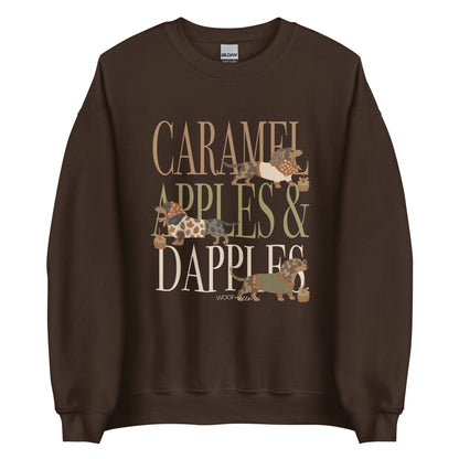 Dachshund Caramel Apples and Dapple Dachshunds crewneck sweatshirt in dark chocolate brown