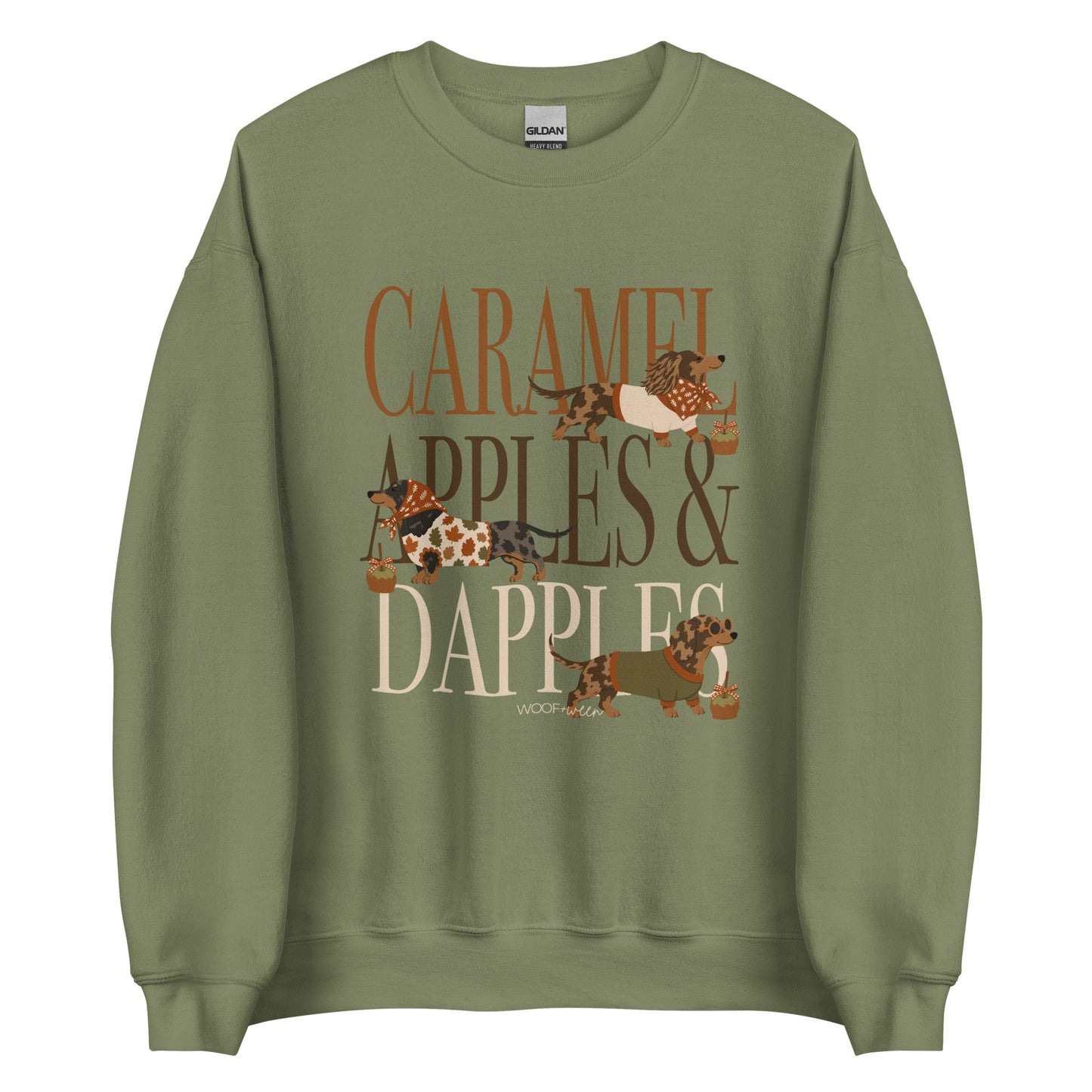 Dachshund Caramel Apples and Dapple Dachshunds crewneck sweatshirt in military green