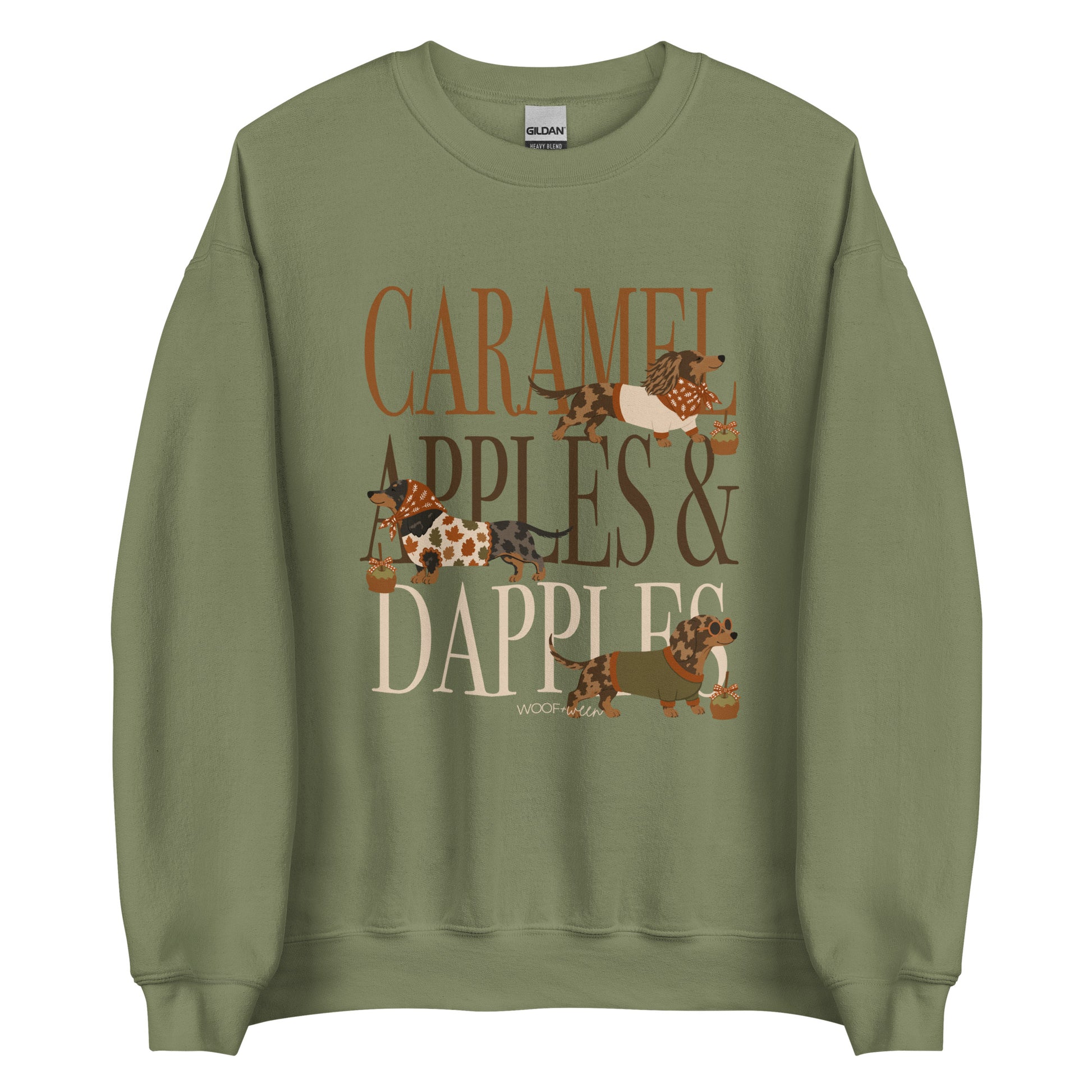 Dachshund Caramel Apples and Dapple Dachshunds crewneck sweatshirt in military green