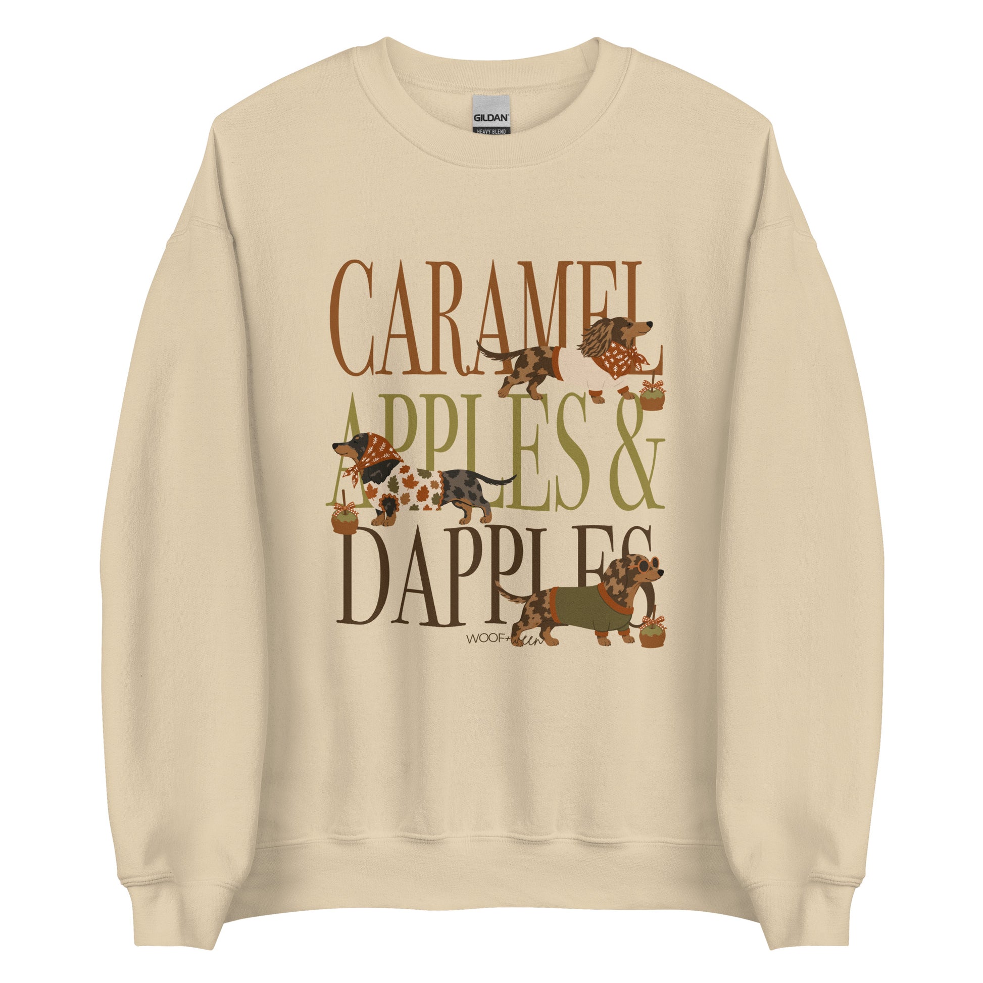 Dachshund Caramel Apples and Dapple Dachshunds crewneck sweatshirt in sand