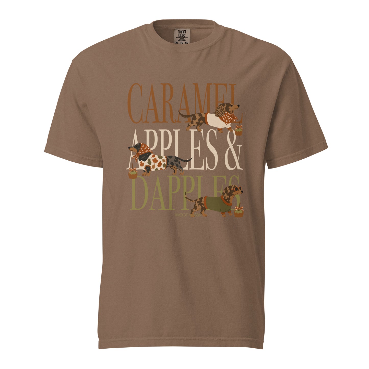 Dachshund Caramel Apples and Dapple Dachshunds t-shirt in espresso brown