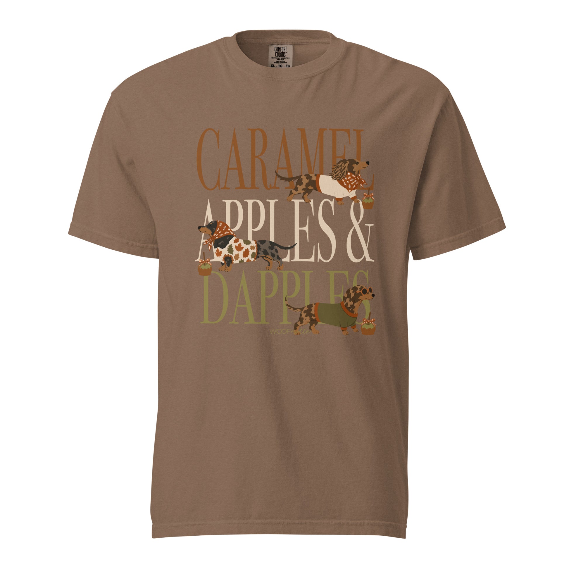 Dachshund Caramel Apples and Dapple Dachshunds t-shirt in espresso brown