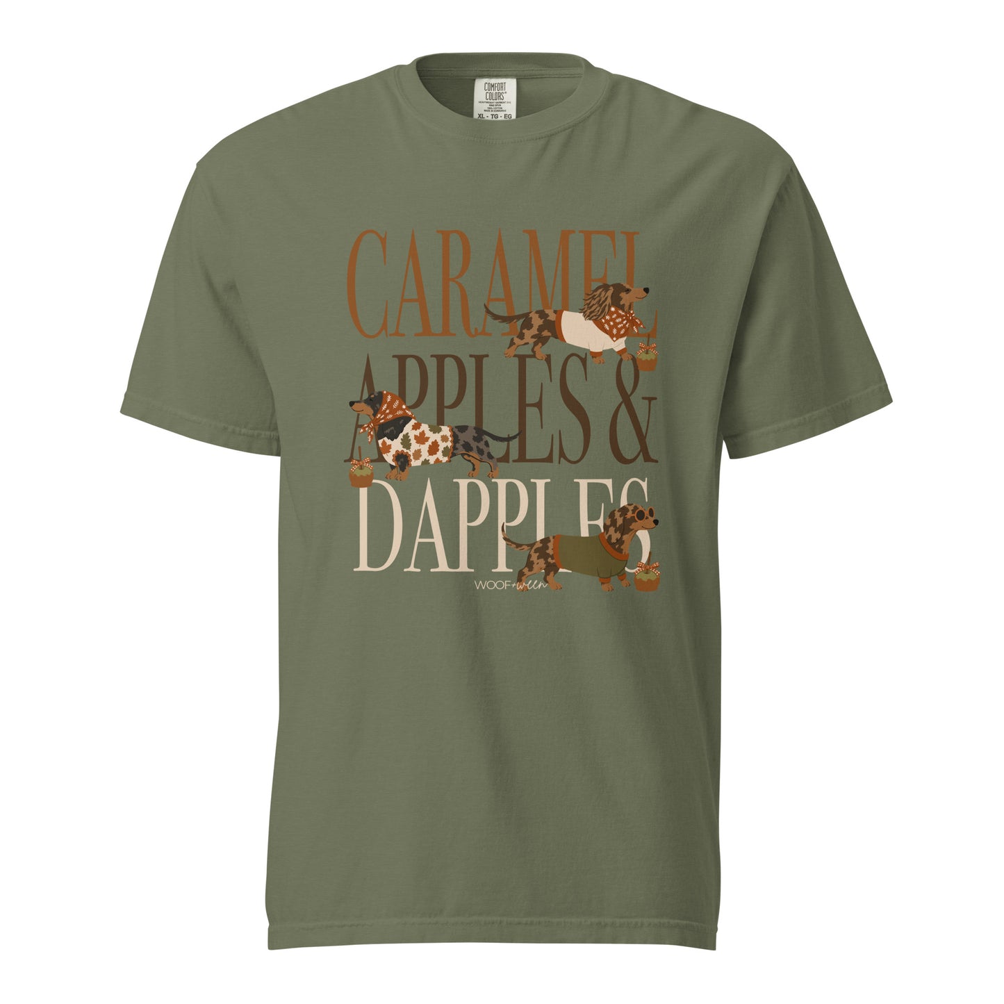 Dachshund Caramel Apples and Dapple Dachshunds t-shirt in moss green