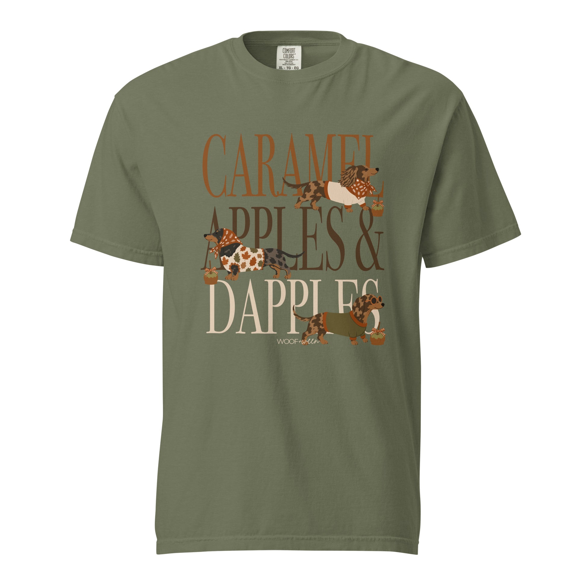 Dachshund Caramel Apples and Dapple Dachshunds t-shirt in moss green