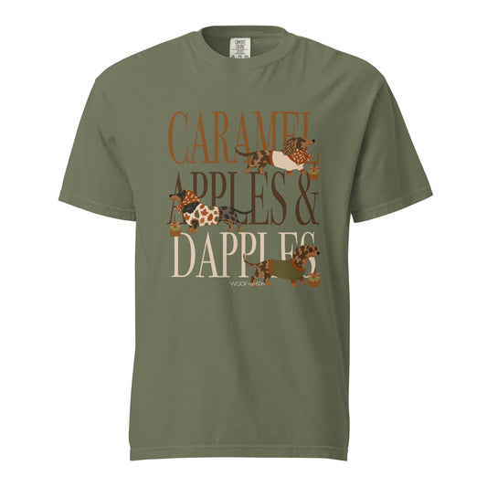 Dachshund Caramel Apples and Dapple Dachshunds t-shirt in moss green