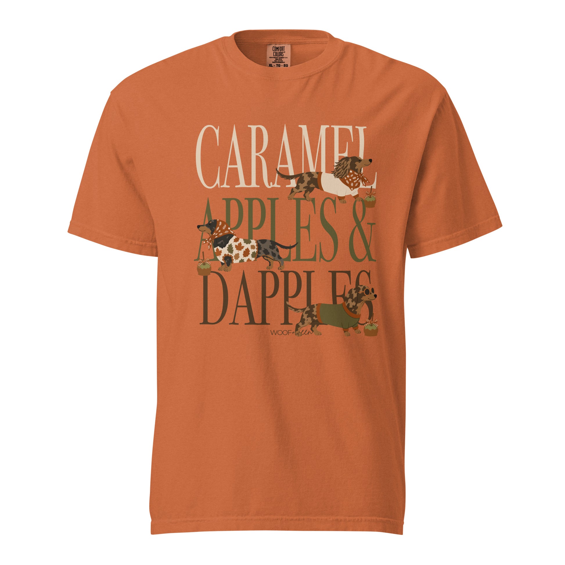 Dachshund Caramel Apples and Dapple Dachshunds t-shirt in yam orange