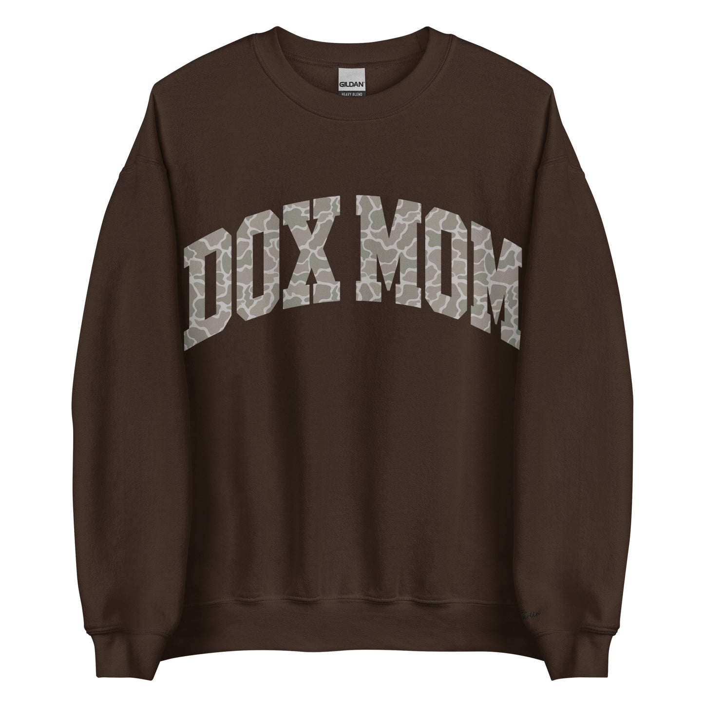 Dachshund mom sweatshirt in dark chocolate duck camo print for doxie moms