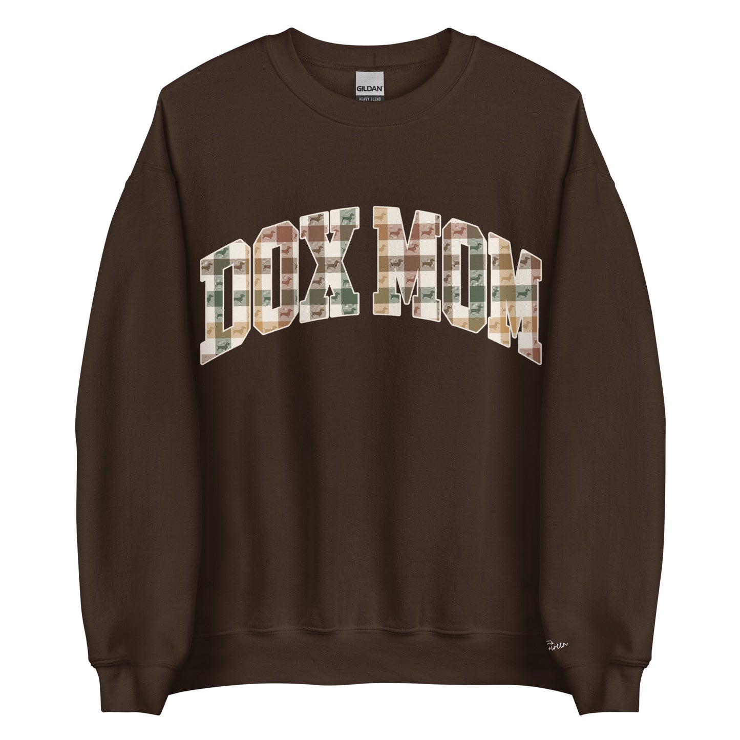 Dachshund Mom Fall Plaid crewneck sweatshirt in dark chocolate brown