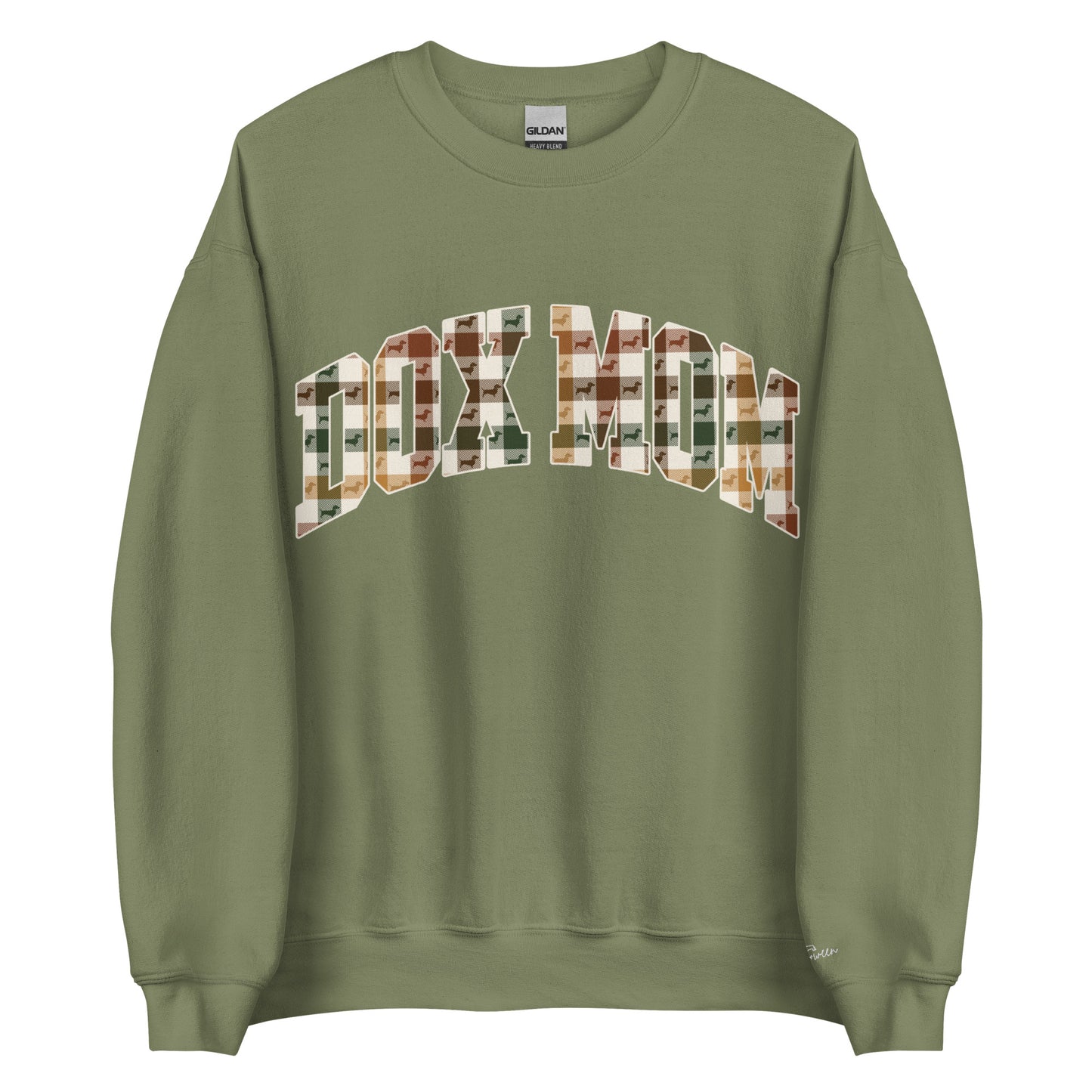 Dachshund Mom Fall Plaid crewneck sweatshirt in military green