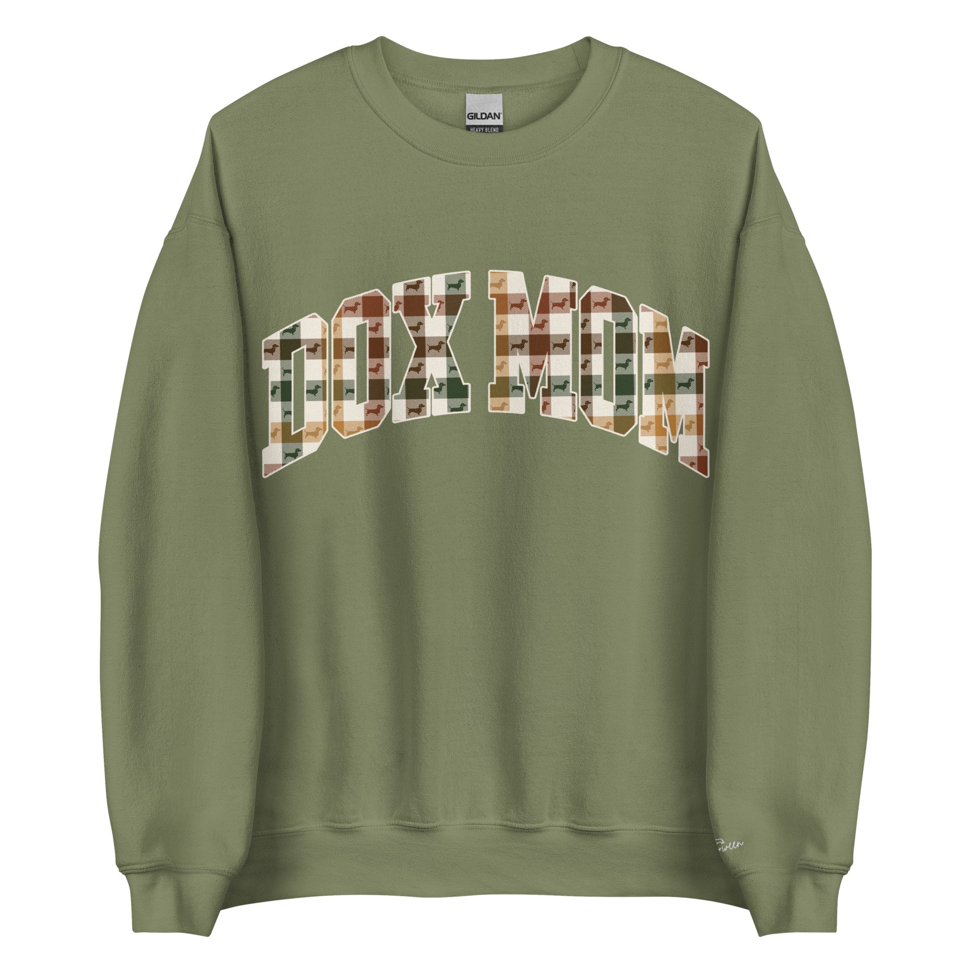 Dachshund Mom Fall Plaid crewneck sweatshirt in military green