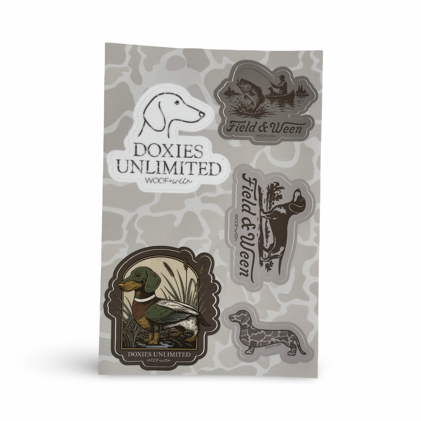 Duck camo dachshund sticker sheet with five hunting doxie decals