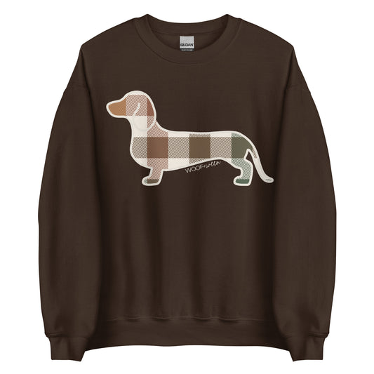 Dachshund Fall Doxie Plaid crewneck sweatshirt in dark chocolate brown