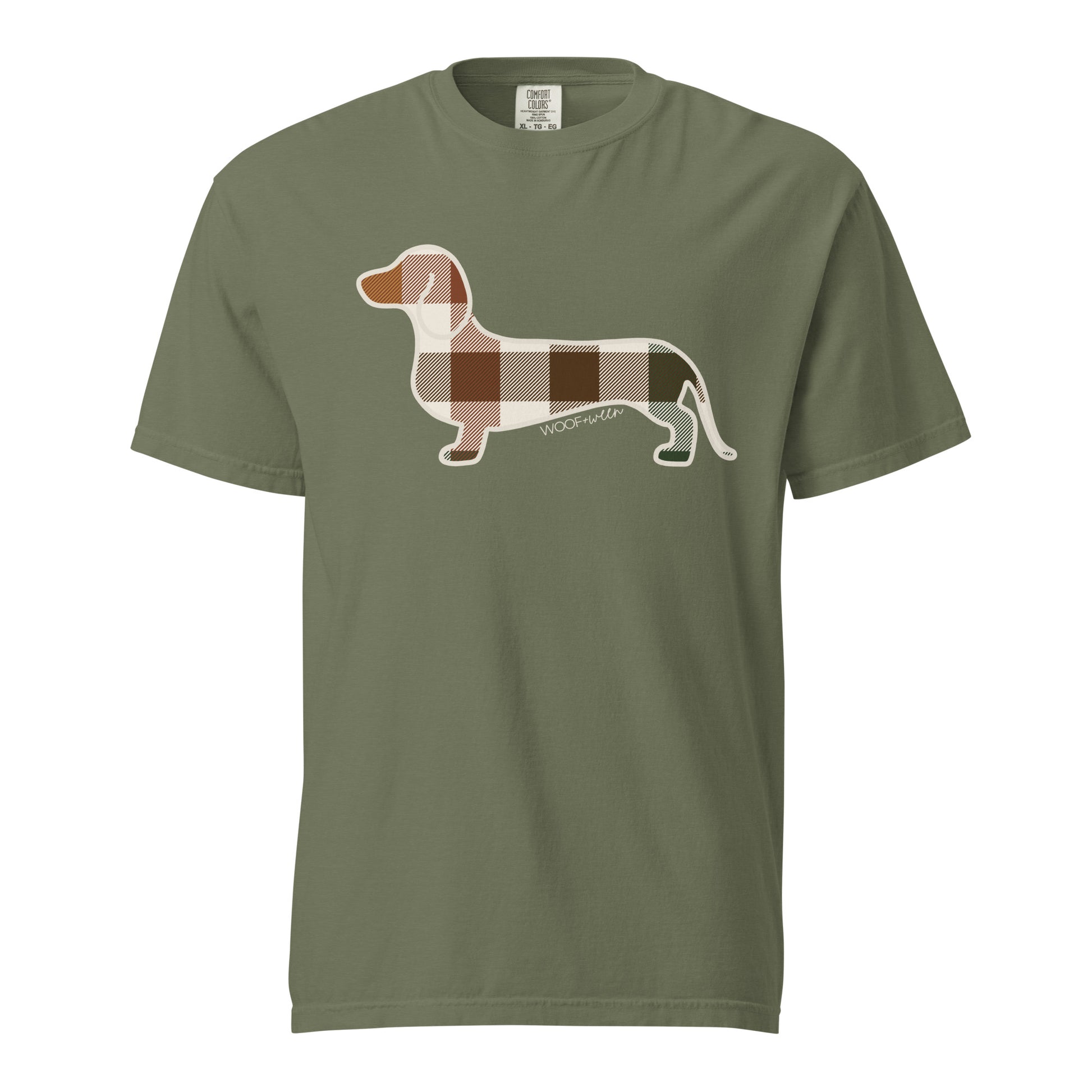Dachshund Fall Doxie Plaid t-shirt for doxie lovers in moss green