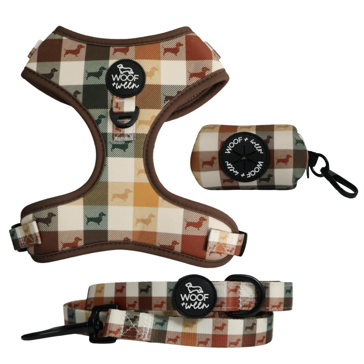 Fall Doxie Plaid dachshund harness, leash, and waste bag holder walk bundle