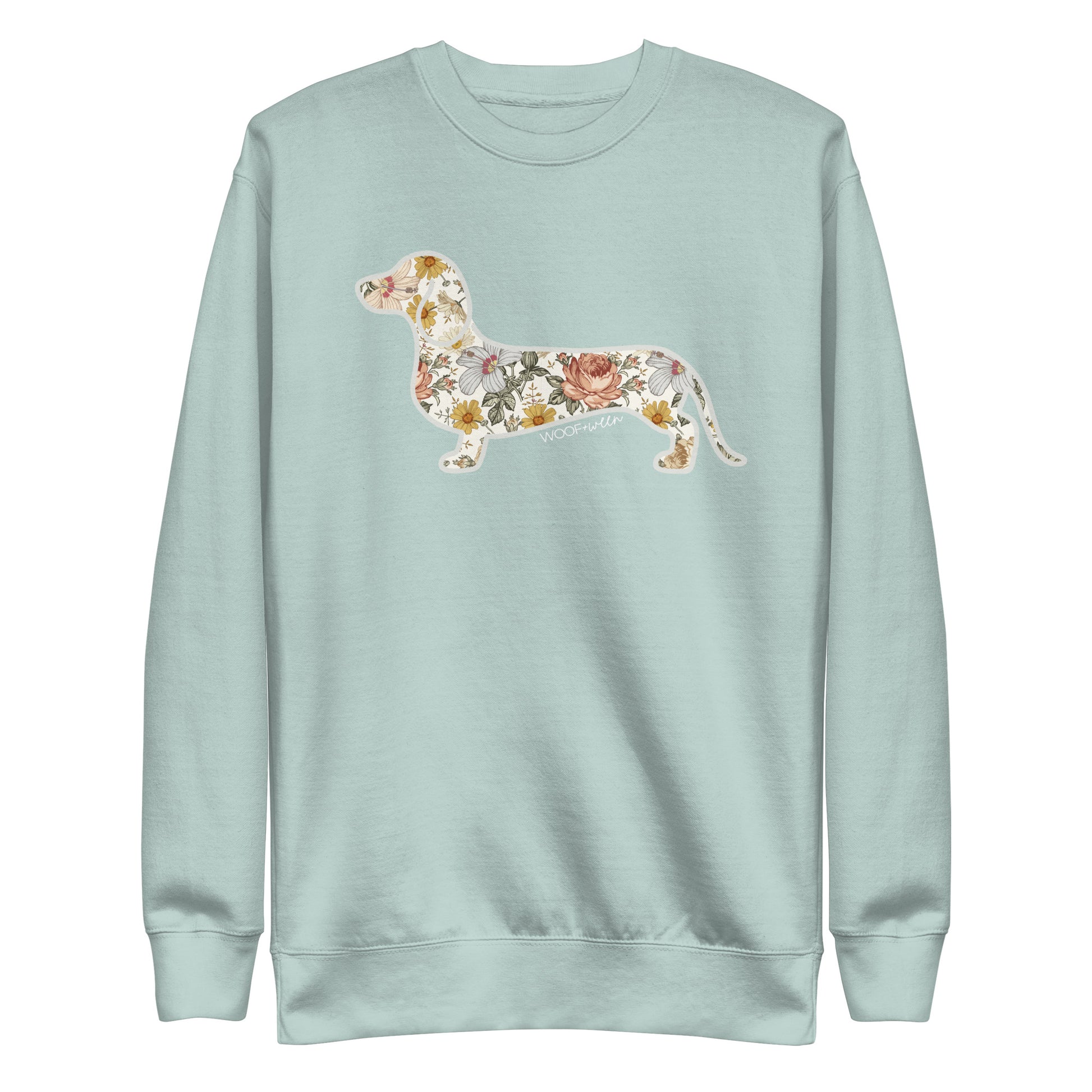 Premium dachshund Flower Fields sweatshirt in agave, doxie floral print fleece crewneck