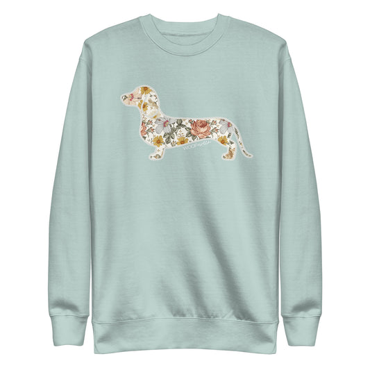 Premium dachshund Flower Fields sweatshirt in agave, doxie floral print fleece crewneck
