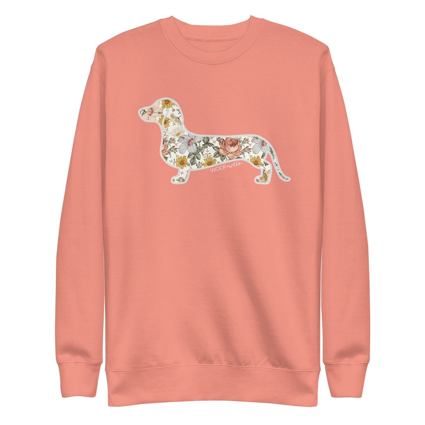 Premium dachshund Flower Fields sweatshirt in dusty rose, doxie floral print fleece crewneck