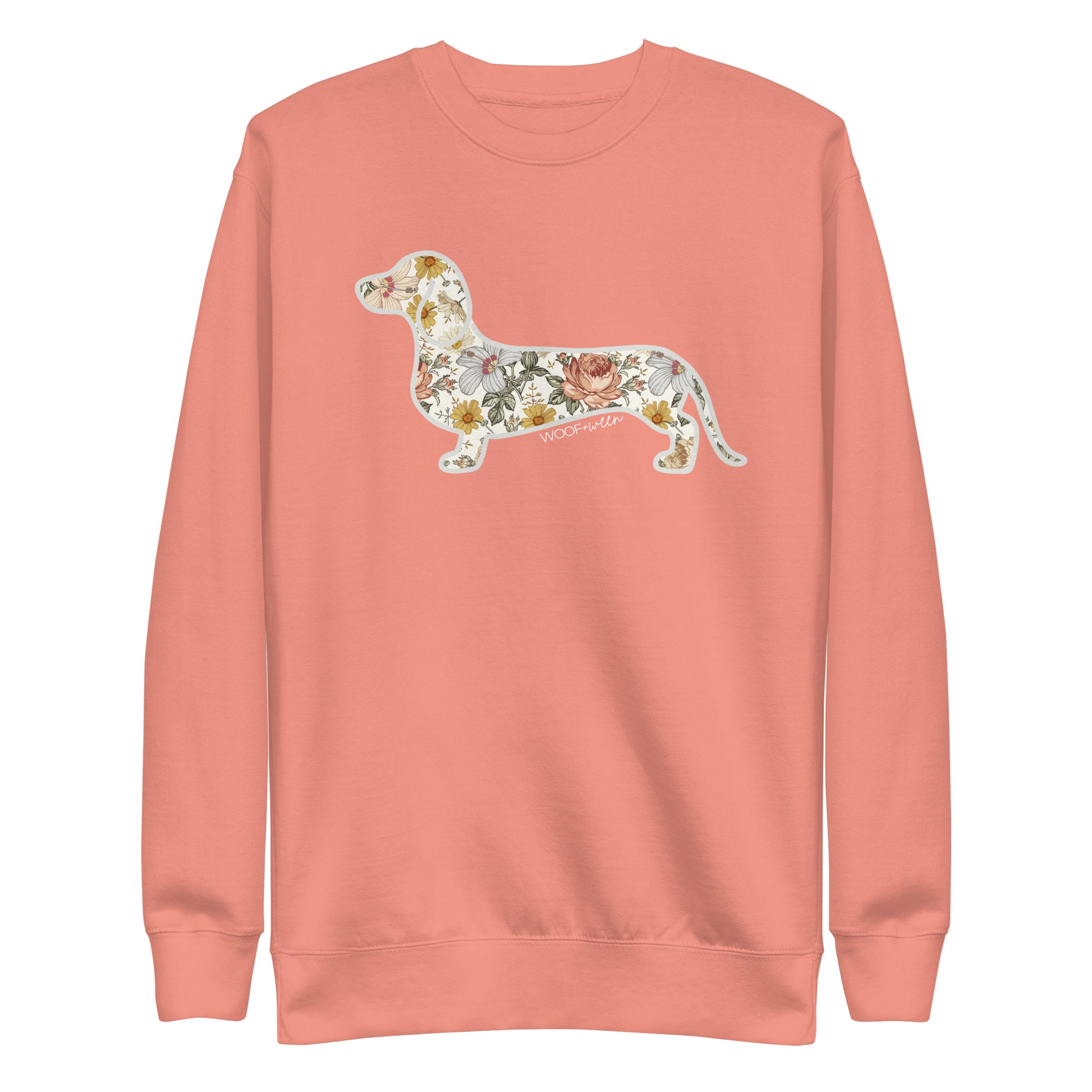 Premium dachshund Flower Fields sweatshirt in dusty rose, doxie floral print fleece crewneck