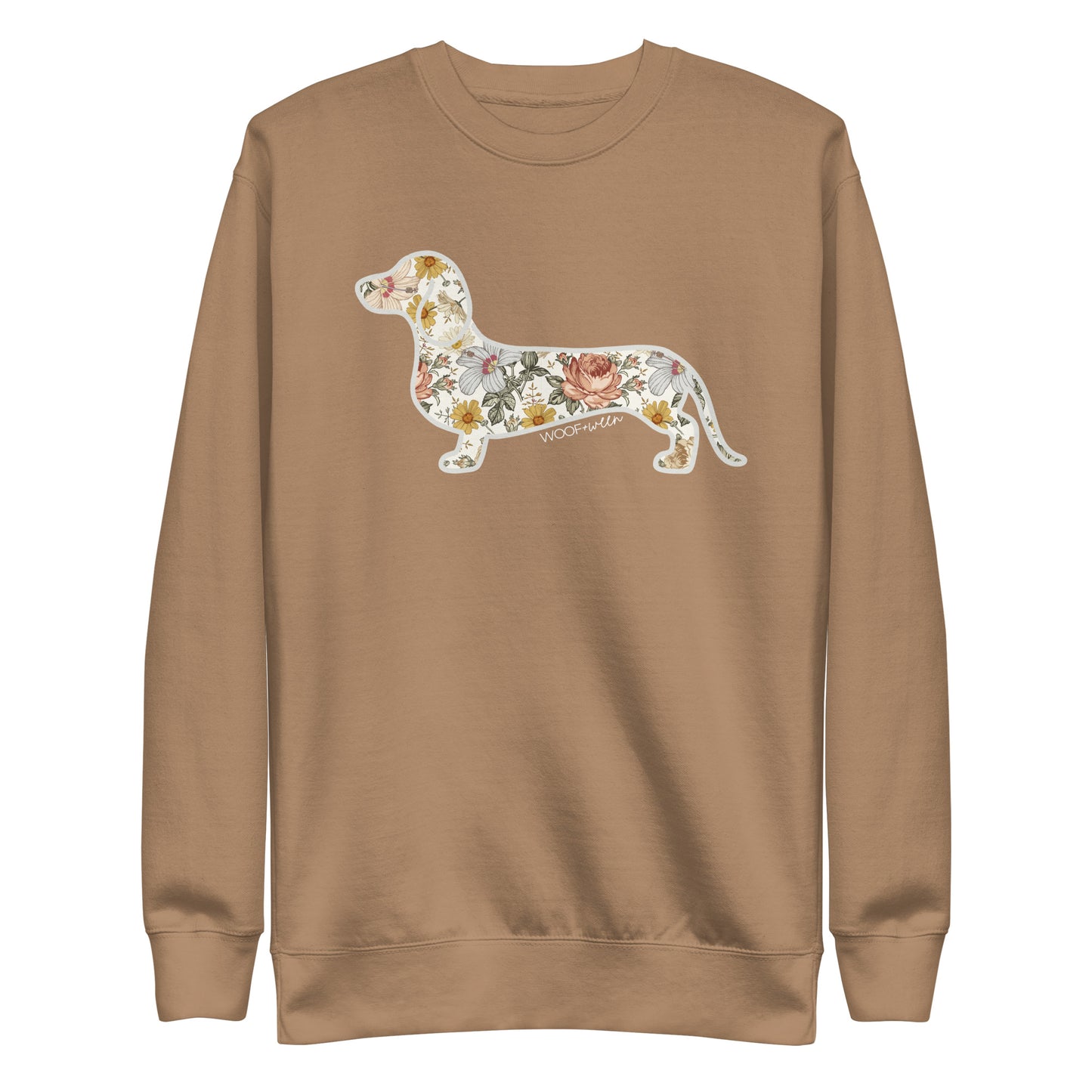 Premium dachshund Flower Fields sweatshirt in latte, doxie floral print fleece crewneck