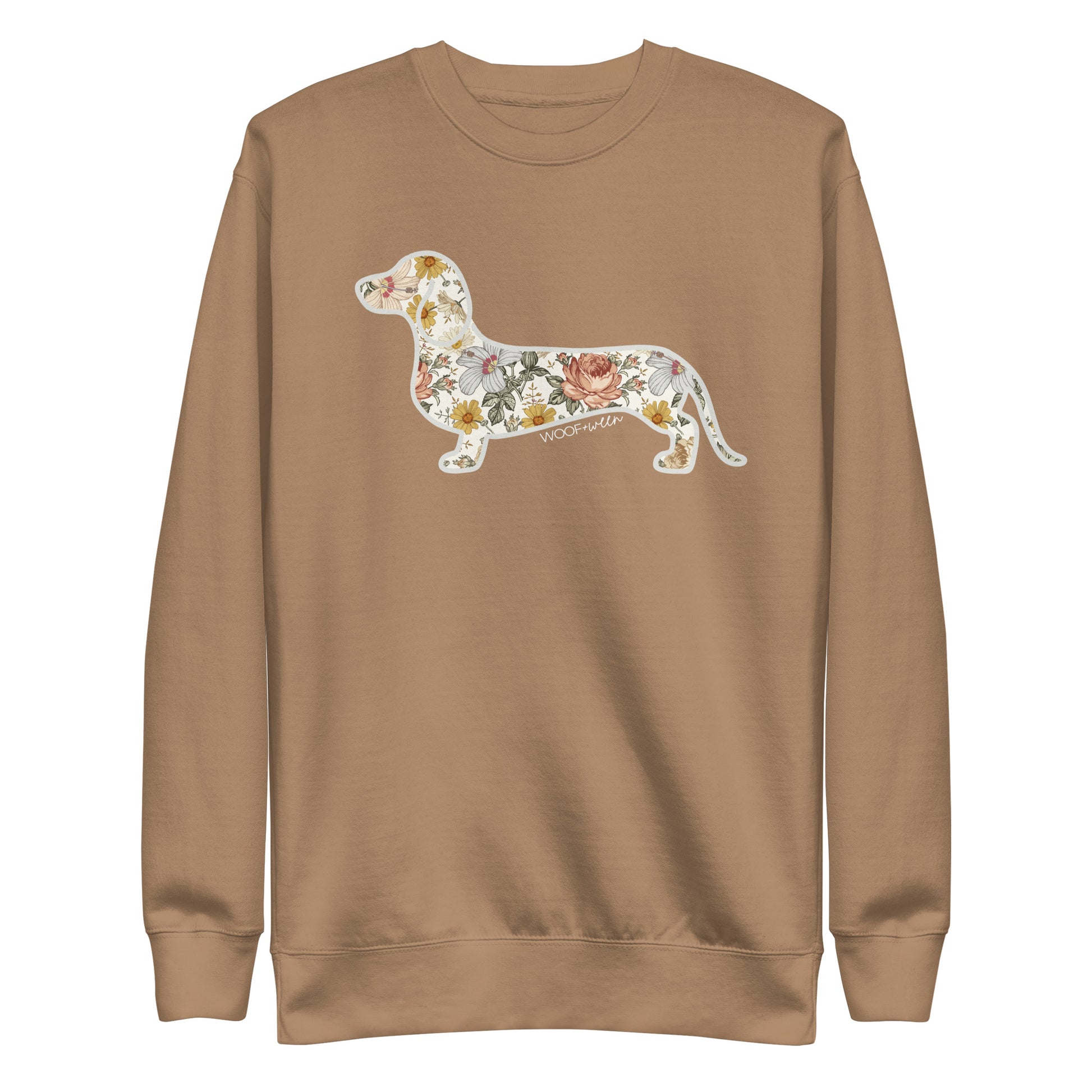 Premium dachshund Flower Fields sweatshirt in latte, doxie floral print fleece crewneck