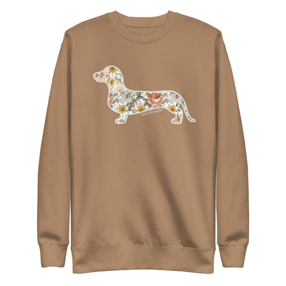 Premium dachshund Flower Fields sweatshirt in latte, doxie floral print fleece crewneck