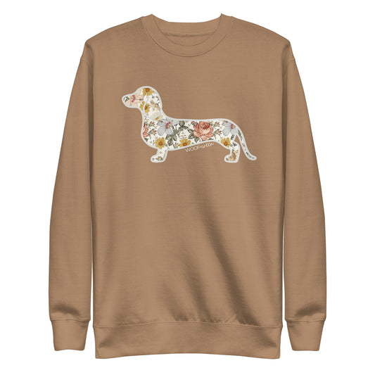 Premium dachshund Flower Fields sweatshirt in latte, doxie floral print fleece crewneck