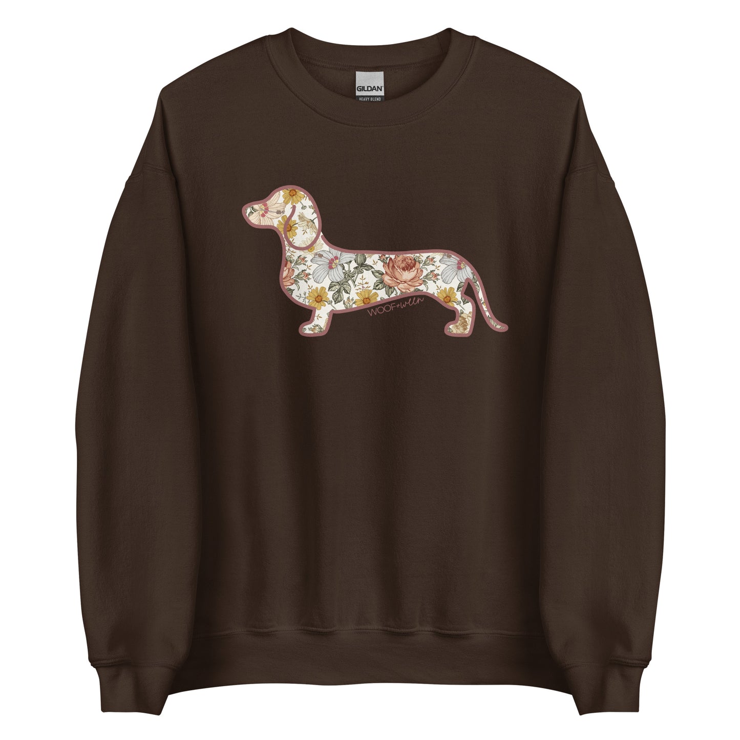 Dachshund Flower Fields sweatshirt in dark chocolate, doxie floral print crewneck for wiener dog lovers