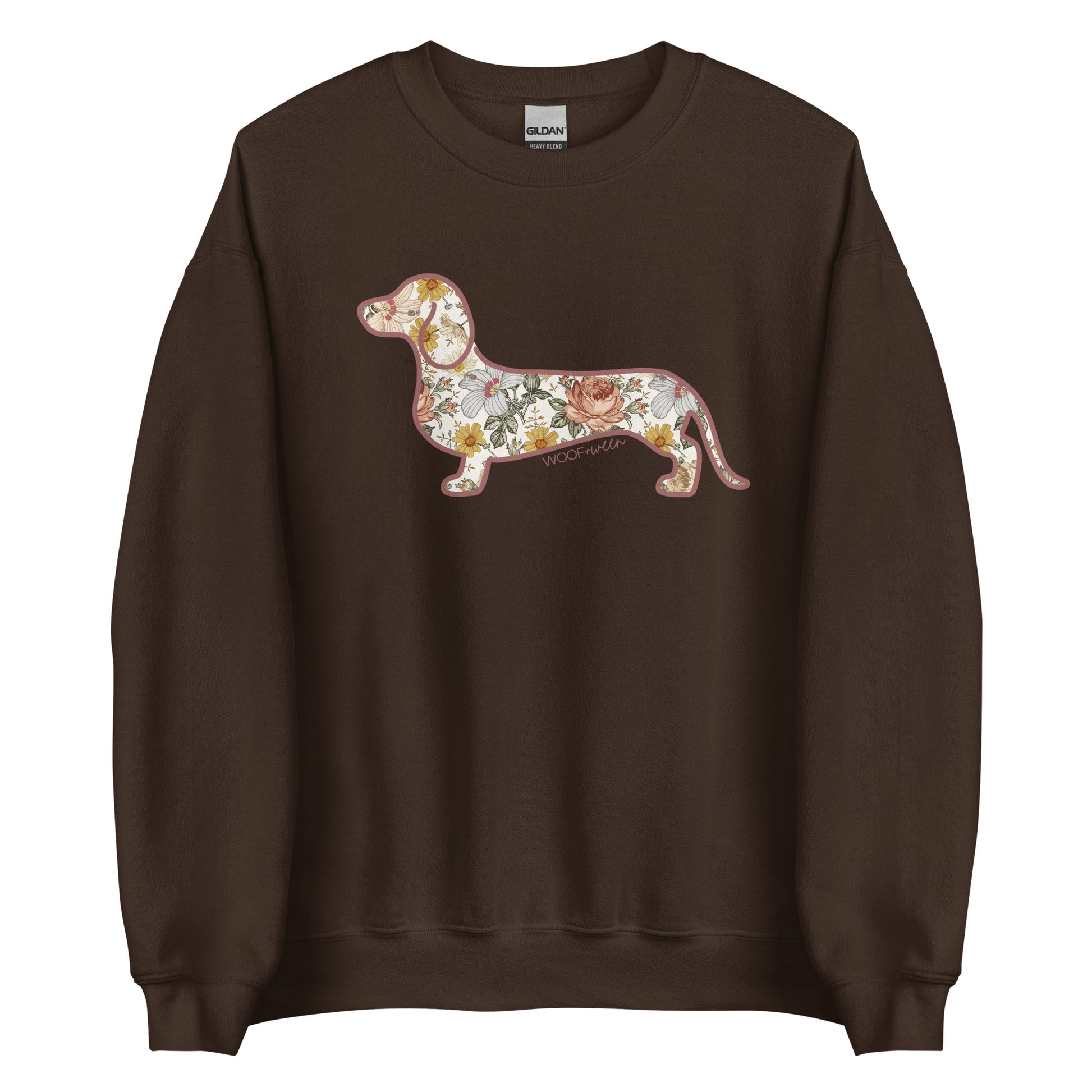 Dachshund Flower Fields sweatshirt in dark chocolate, doxie floral print crewneck for wiener dog lovers