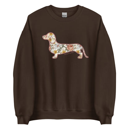 Dachshund Flower Fields sweatshirt in dark chocolate, doxie floral print crewneck for wiener dog lovers