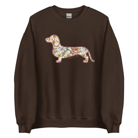 Dachshund Flower Fields sweatshirt in dark chocolate, doxie floral print crewneck for wiener dog lovers