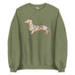 Dachshund Flower Fields sweatshirt in military green, doxie floral print crewneck for wiener dog lovers