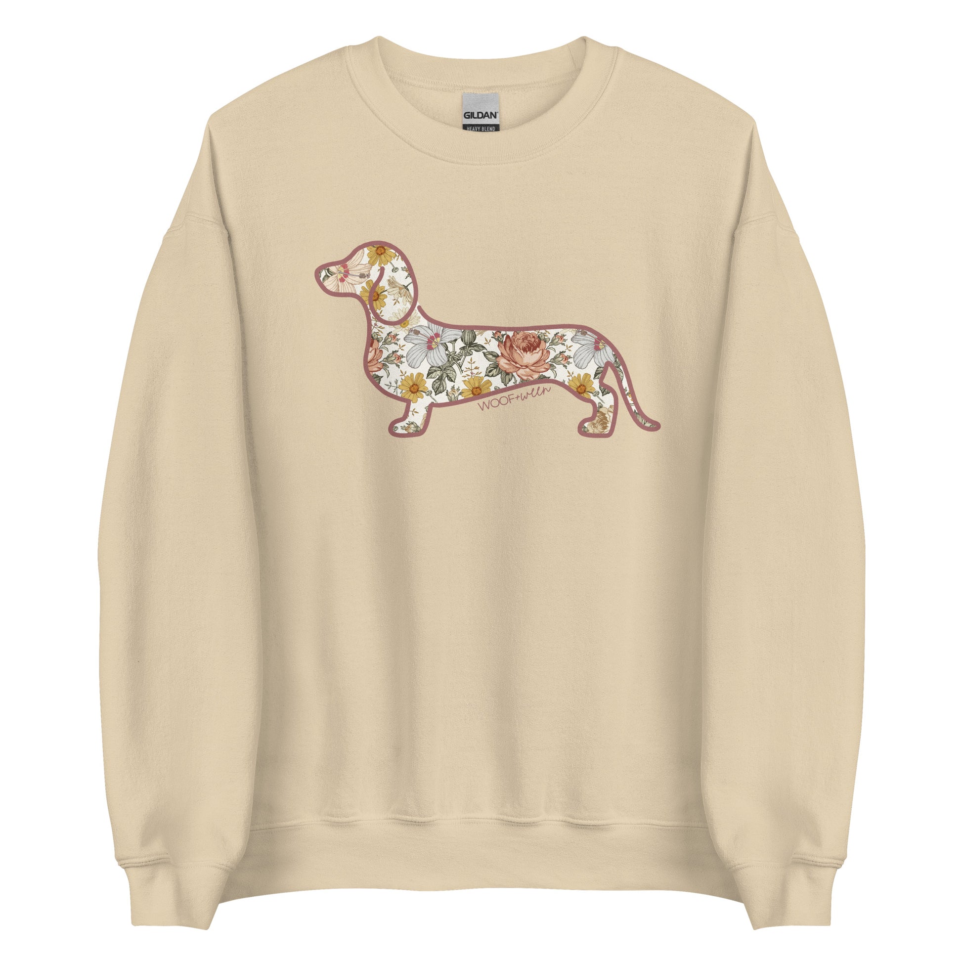 Dachshund Flower Fields sweatshirt in sand, doxie floral print crewneck for wiener dog lovers