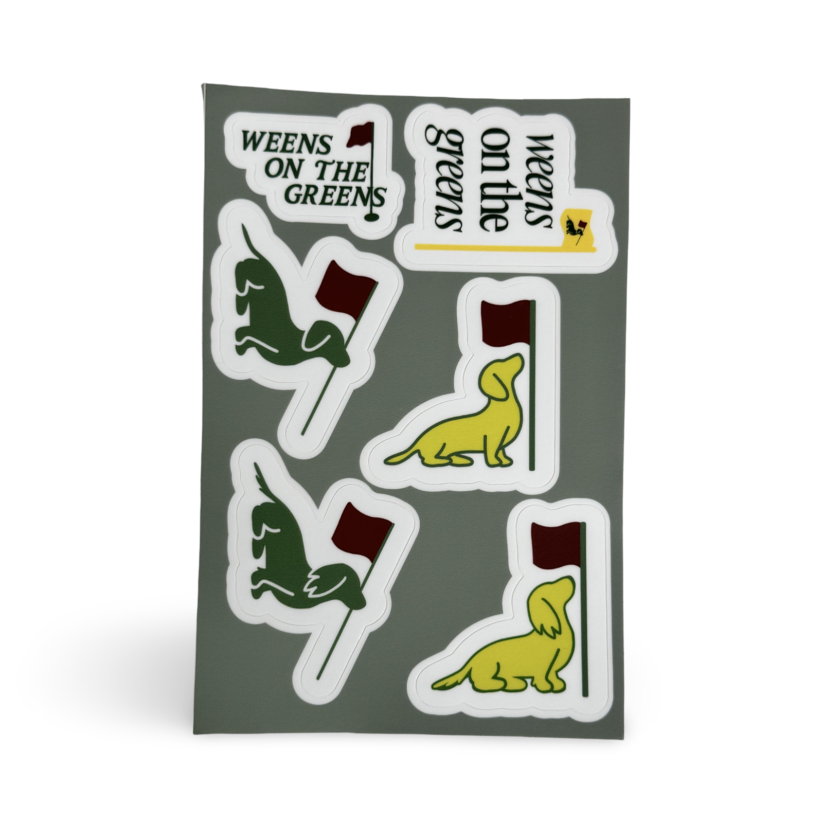 Weens on the Greens dachshund golf sticker sheet with six doxie decals