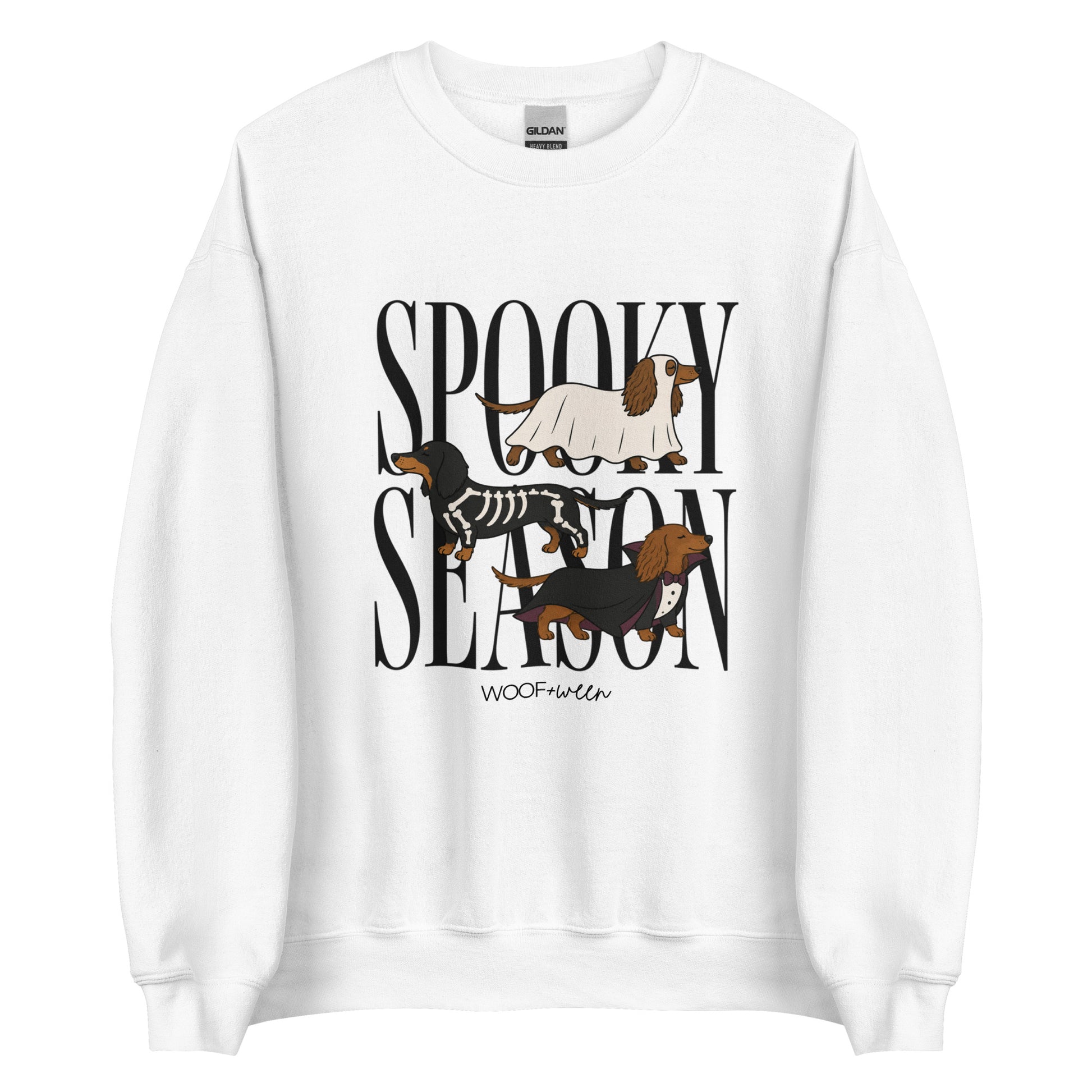 Dachshund Halloween Spooky Season crewneck sweatshirt in white