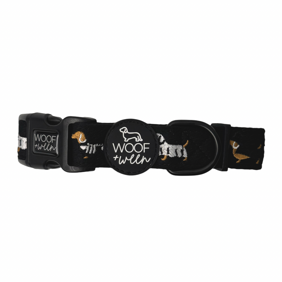 Dachshund wearing black knit Halloweenie Doxies embroidered collar