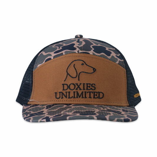 Dachshund hat in Black Duck Camo, five-panel snapback with mesh back, front view