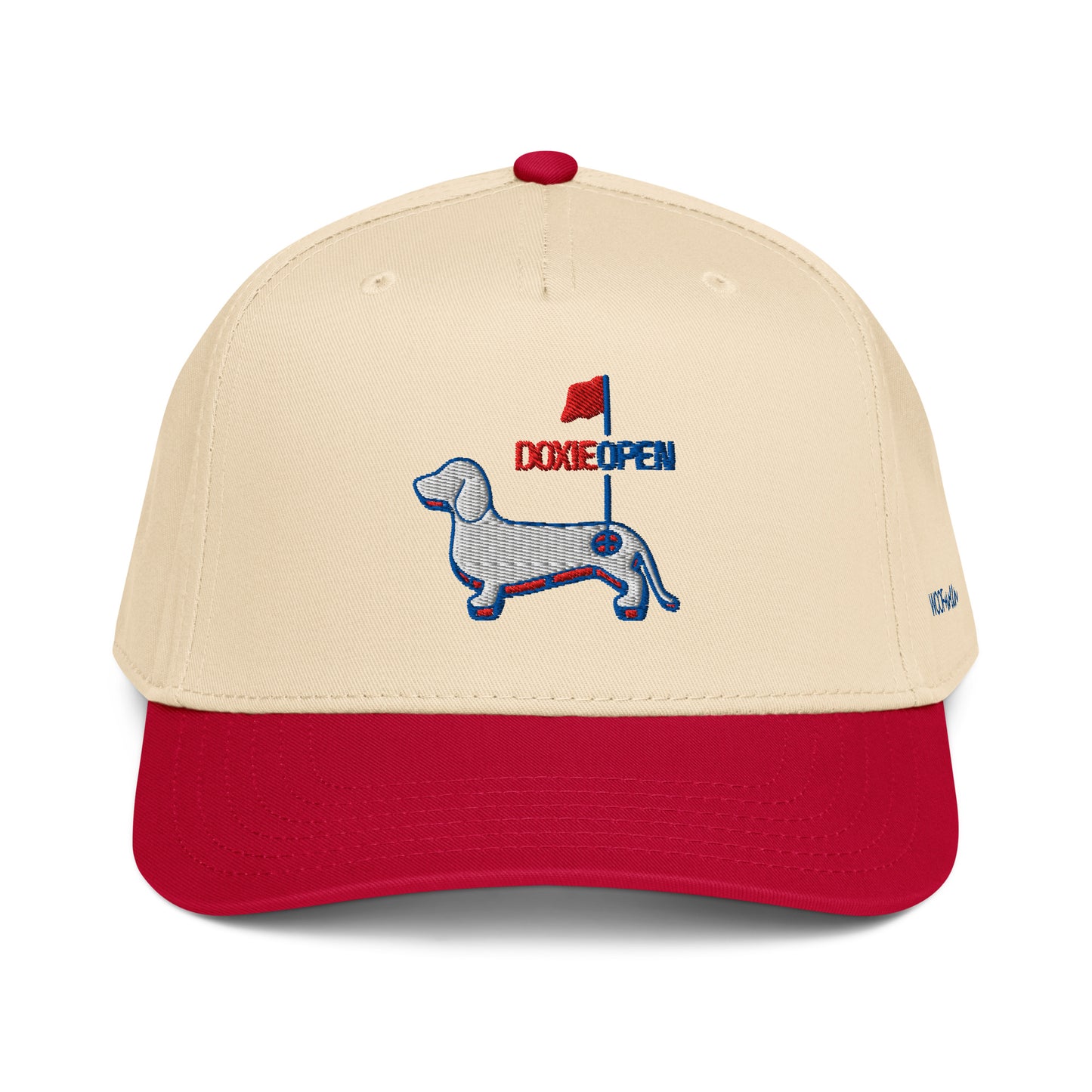 Red dachshund golf hat, weens on the greens doxie open design front view