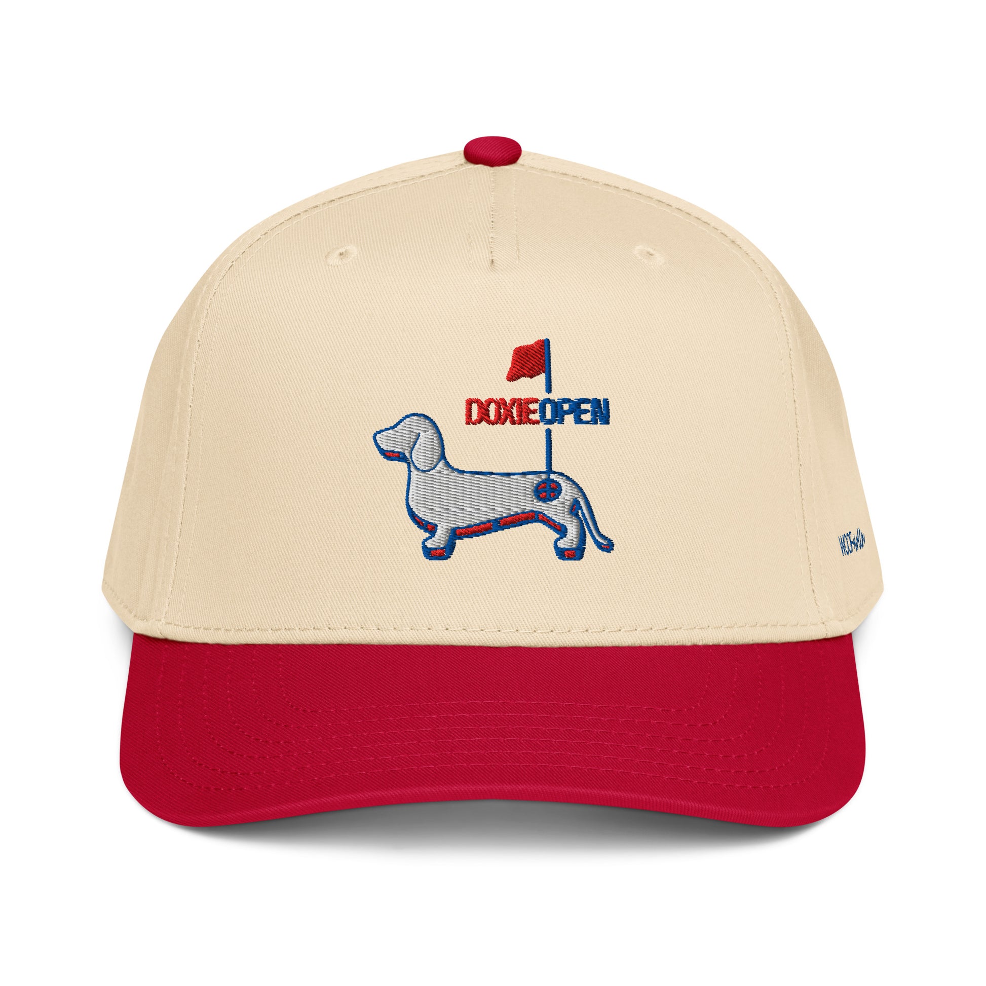 Red dachshund golf hat, weens on the greens doxie open design front view