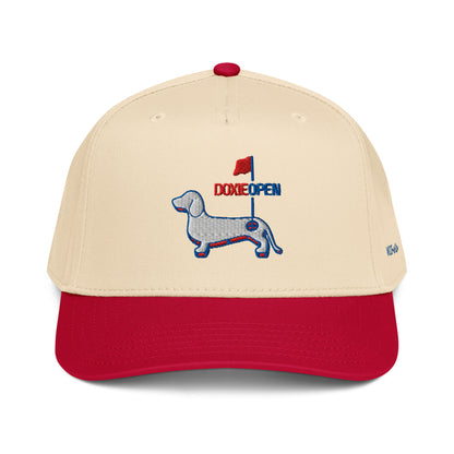 Red dachshund golf hat, weens on the greens doxie open design front view