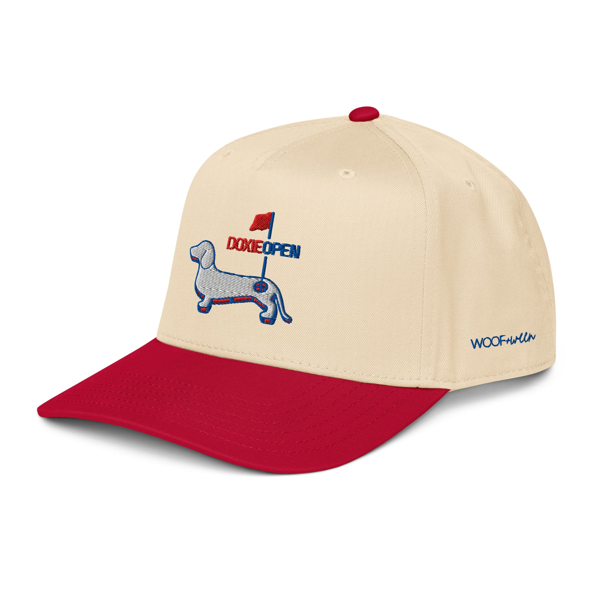 Red dachshund golf hat, weens on the greens doxie open design side view