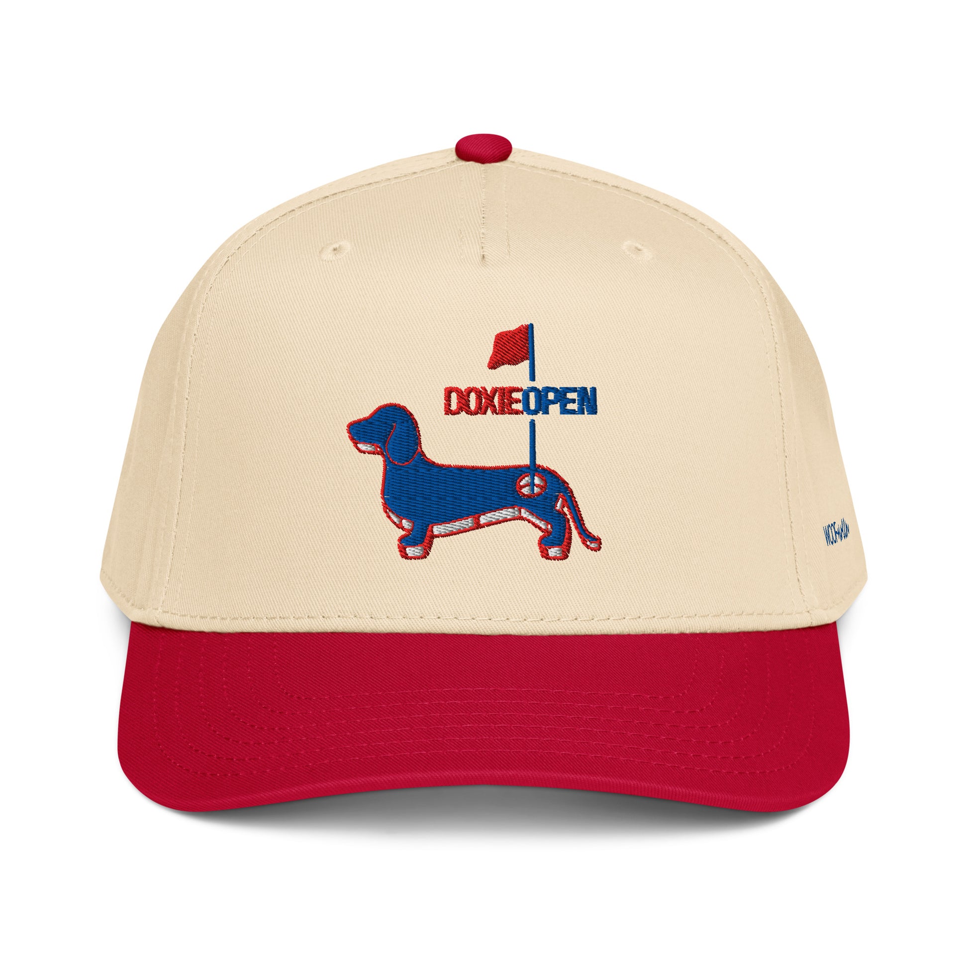Red dachshund hat, doxie open wiener dog embroidered cap front view
