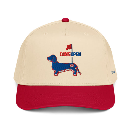 Red dachshund hat, doxie open wiener dog embroidered cap front view